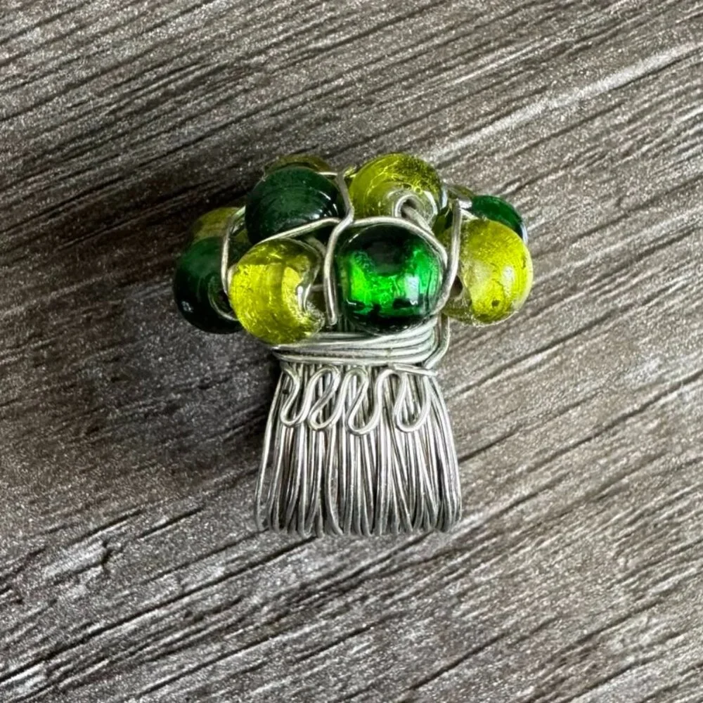 Handmade Wire-Wrapped Stainless Ring with Green & Yellow Glass Beads Size, 5.5